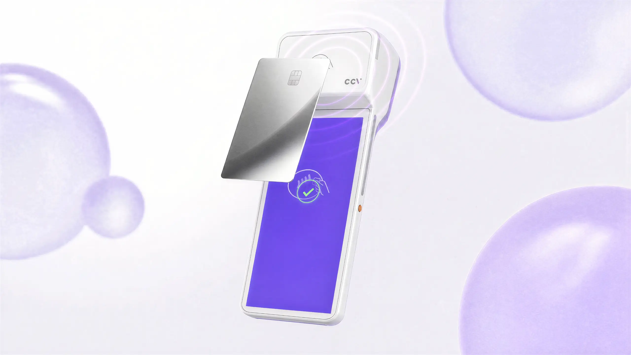 Eine R&B Pay Karte wird kontaktlos an ein CCV-Kartenterminal gehalten, mit KI erstellte Darstellung
